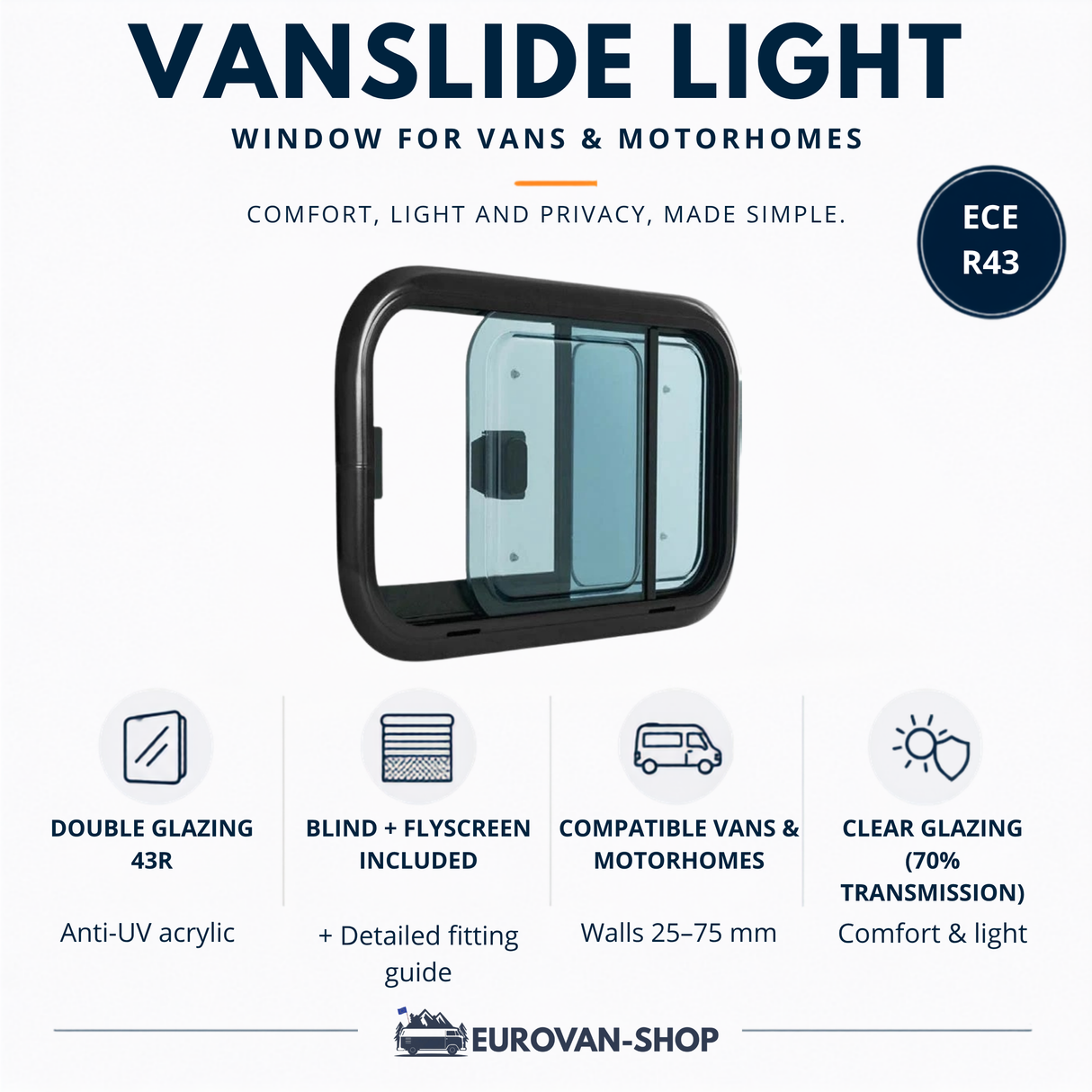 VanSlide Light Schiebefenster – mit Verdunkelungsrollo und moskitonetz