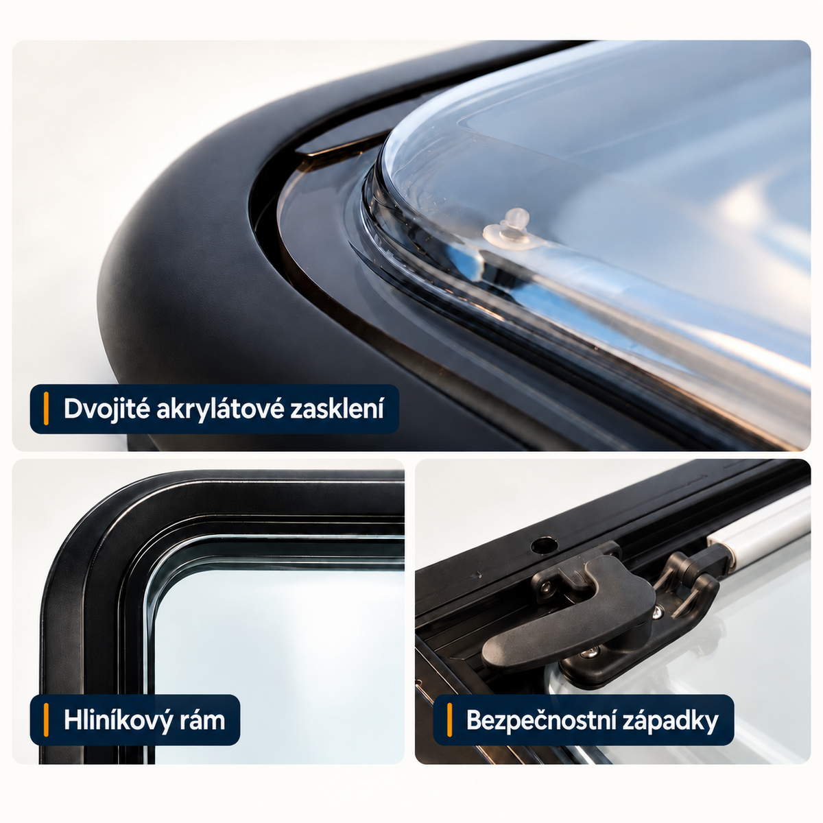 VanLight details: acrylic double glazing, aluminium frame and secure latches