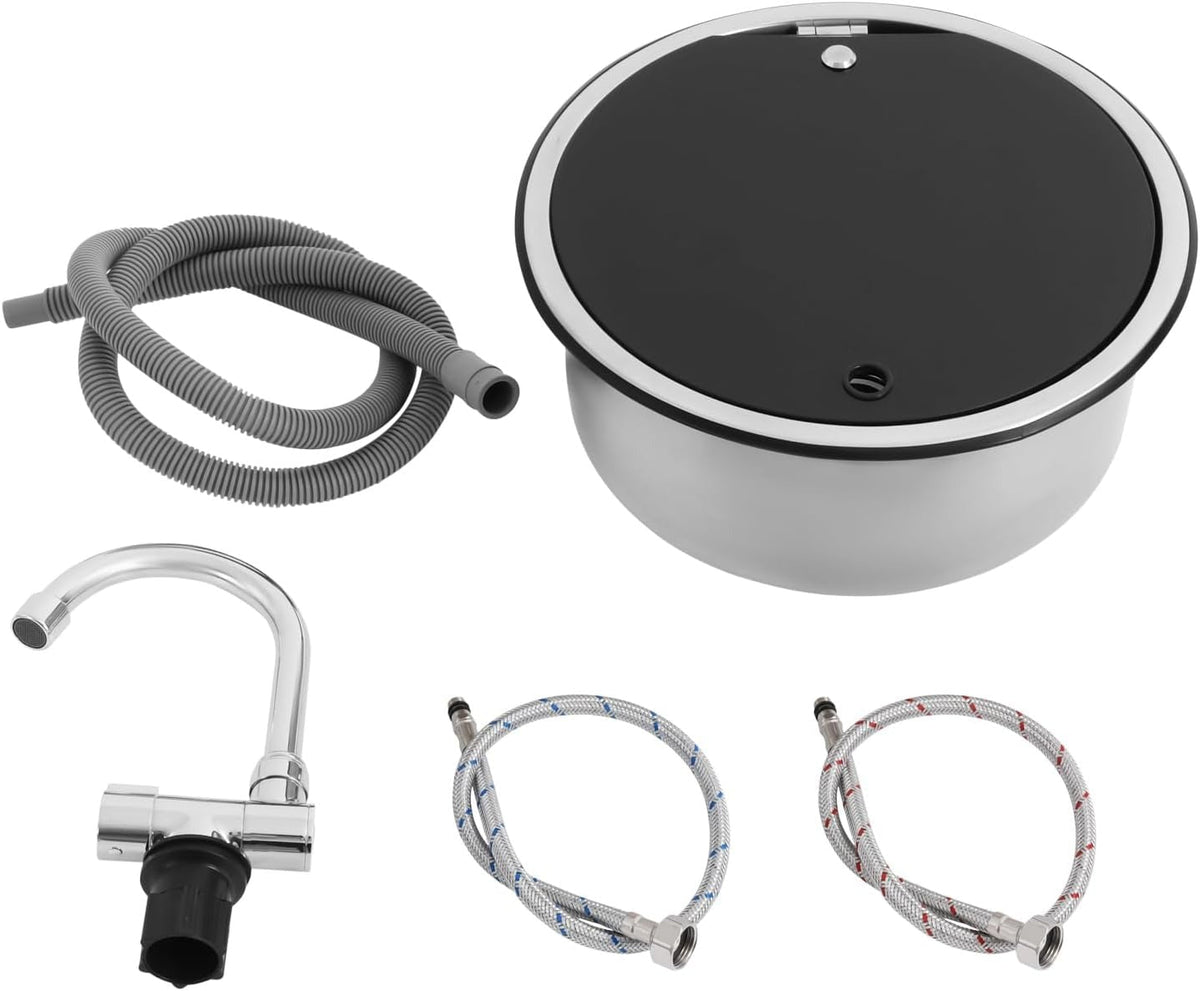 Runde Edelstahlspüle Ø 30 cm: Set mit Ablaufschlauch, klappbarem Wasserhahn und flexiblen Schläuchen