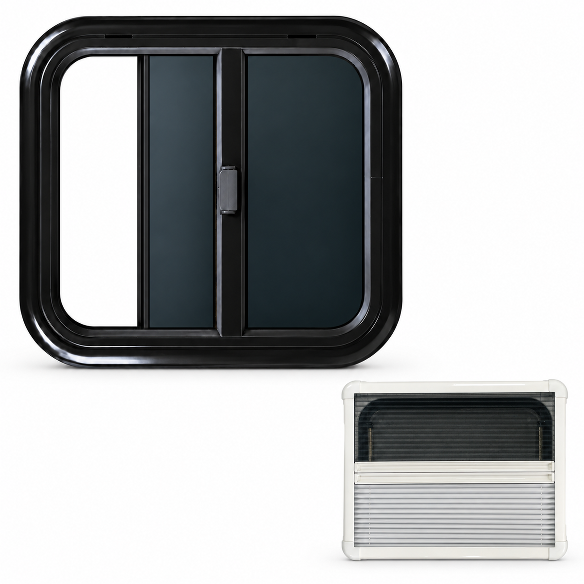 VanSlide square sliding window, partially open, with interior blackout blind and mosquito net