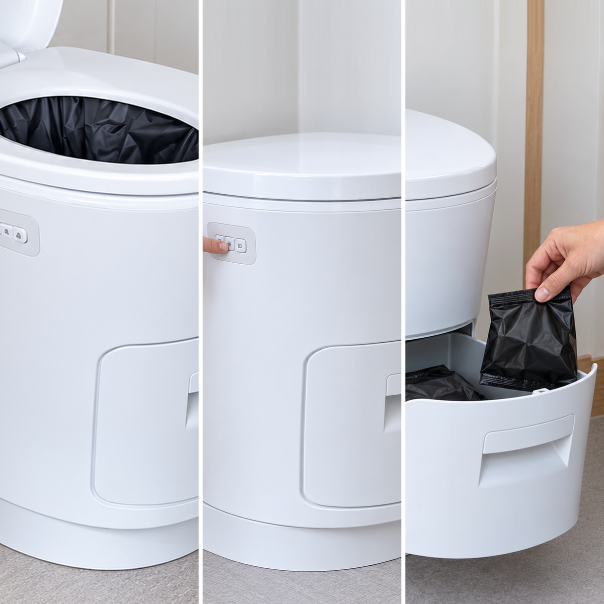 Sealed bag toilet: liner ready, sealing cycle, removal of sealed bag — illustration