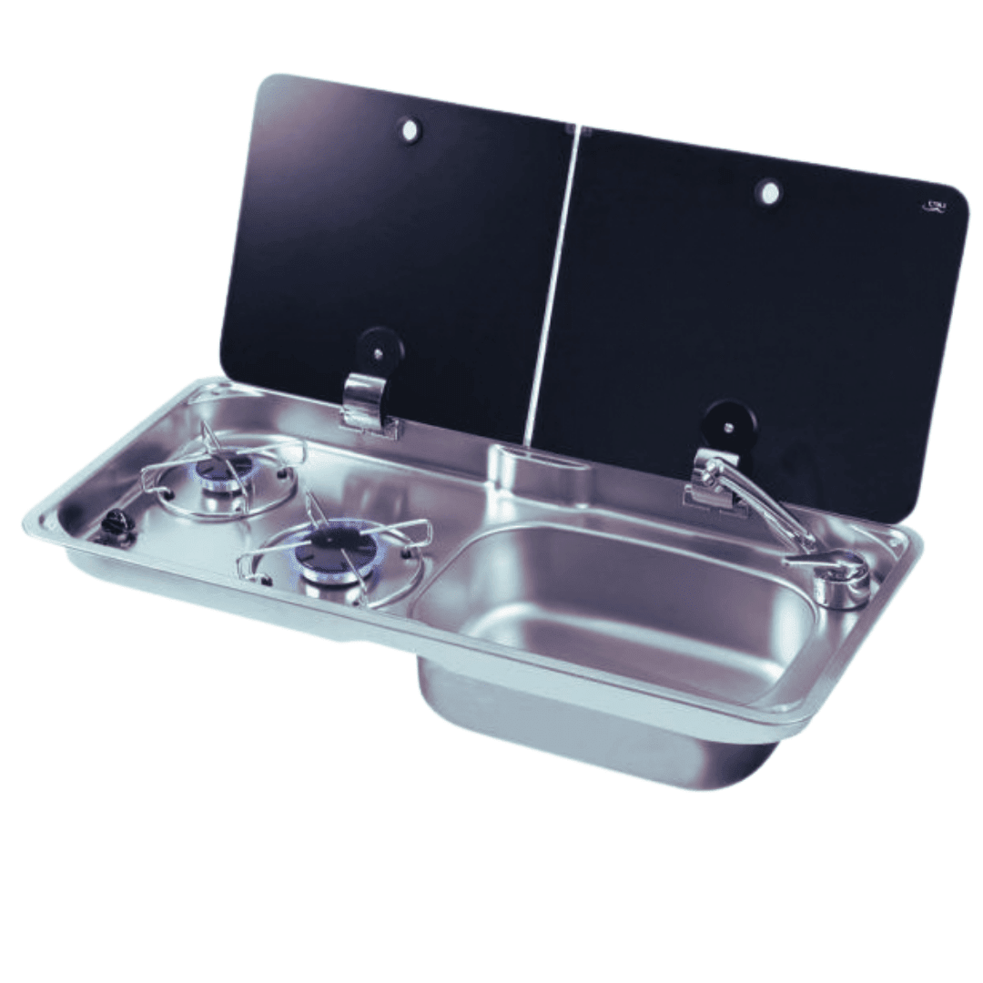 2 Gas Burner Combined Sink – Stainless Steel / Tempered Glass – WxD: 77x36 cm - EuroVan - shop