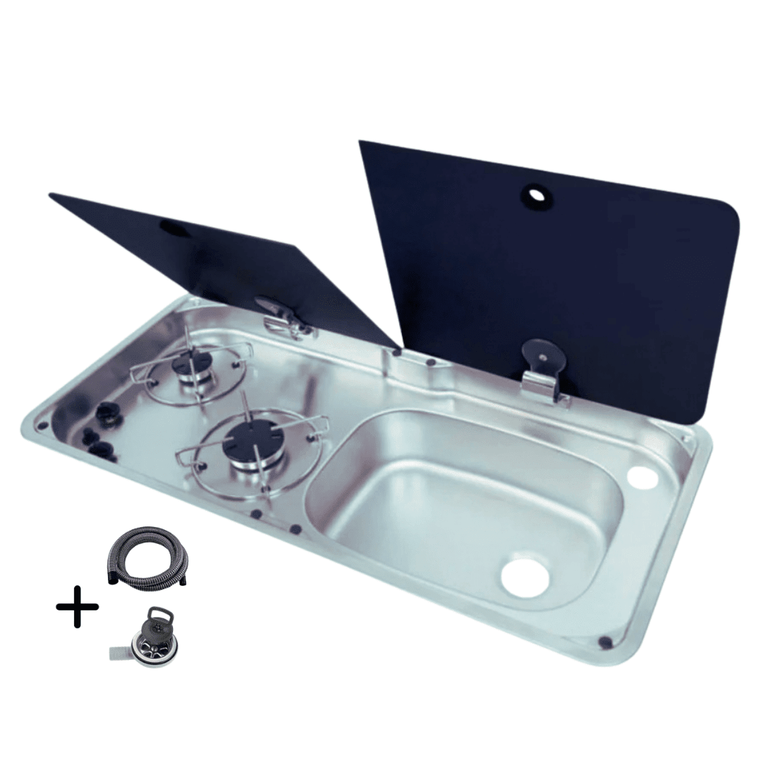 2 Gas Burner Combined Sink – Stainless Steel / Tempered Glass – WxD: 77x36 cm - EuroVan - shop