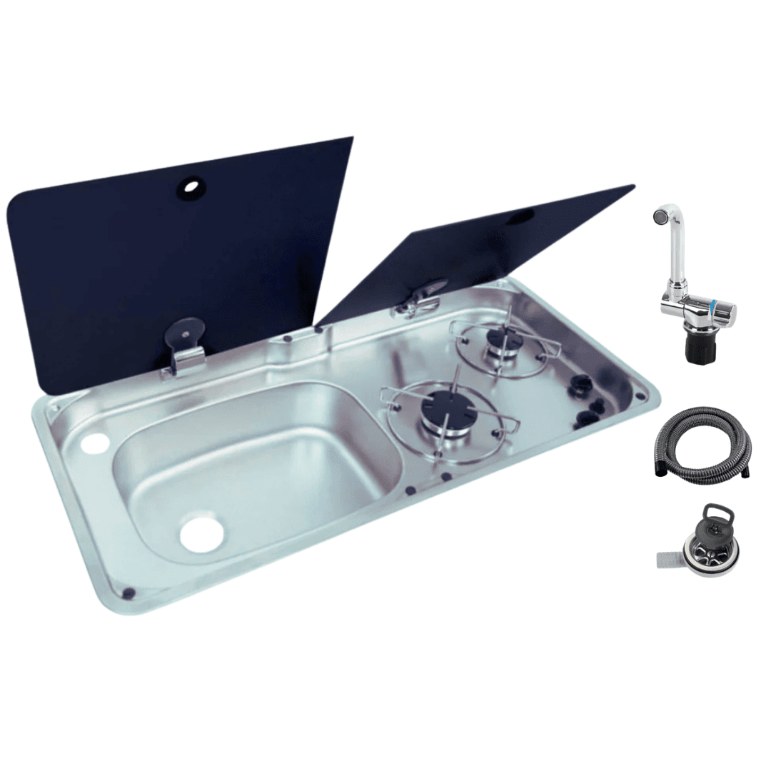 2 Gas Burner Combined Sink – Stainless Steel / Tempered Glass – WxD: 77x36 cm - EuroVan - shop