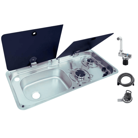 2 Gas Burner Combined Sink – Stainless Steel / Tempered Glass – WxD: 77x36 cm - EuroVan - shop