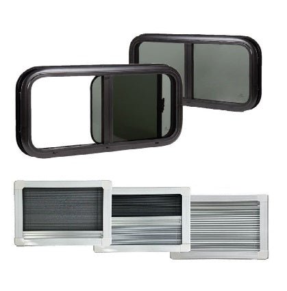 Baie coulissante vitrage acrylique - Bords Arrondis - Avec store et moustiquaire - Vanlife - Store