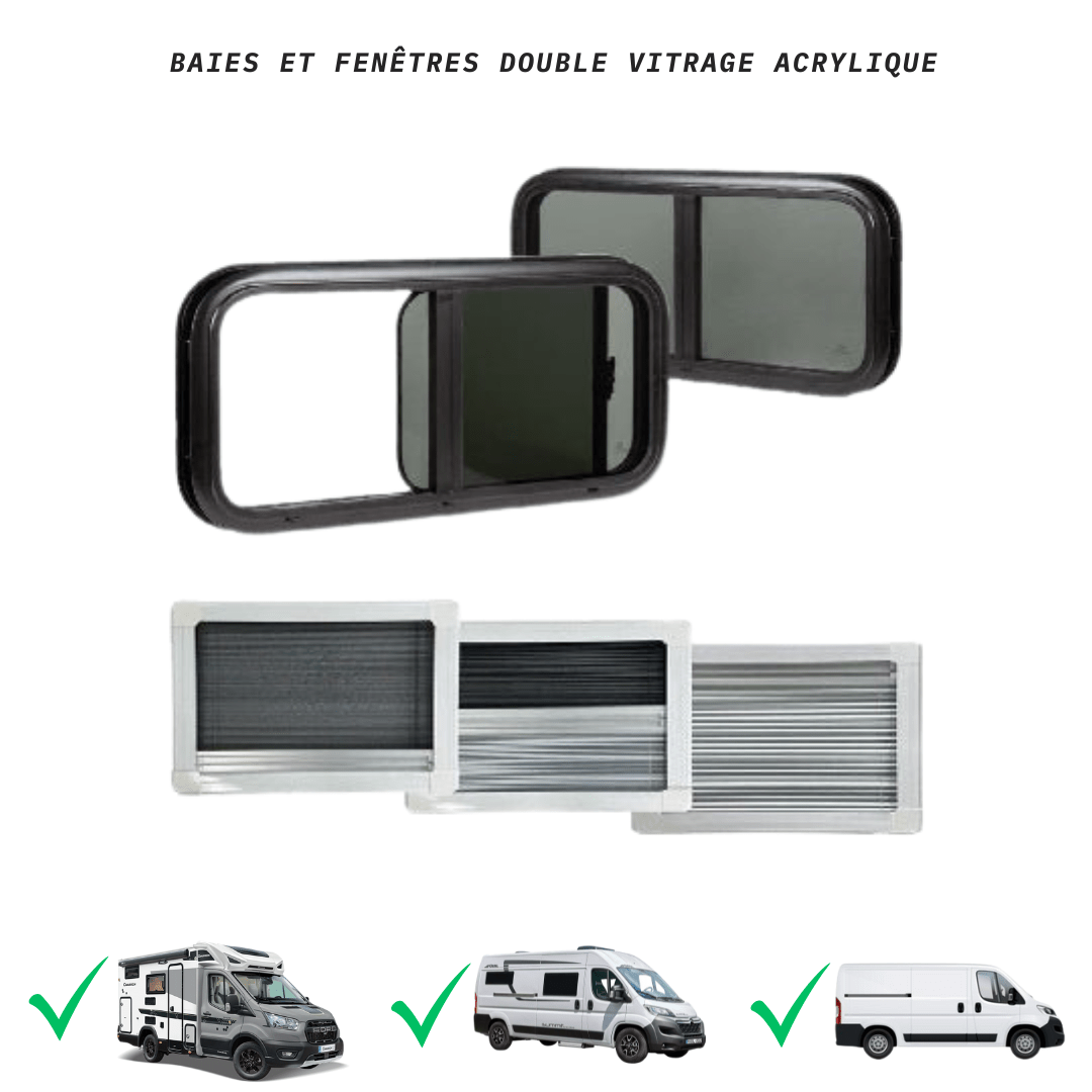 Baie coulissante vitrage acrylique - Bords Arrondis - Avec store et moustiquaire - Vanlife - Store