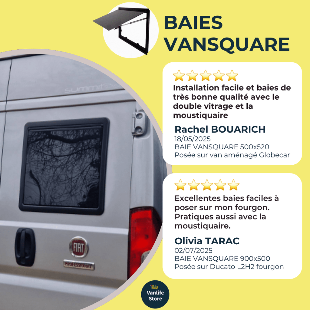 Baie VanSquare - Fenêtre spéciale camping - cars et vans aménagés - Vanlife - Store