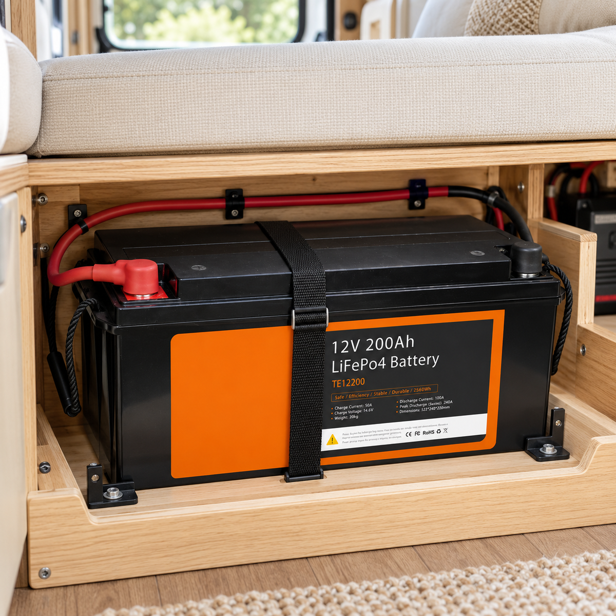 200 Ah lithium battery installed in a campervan — illustration