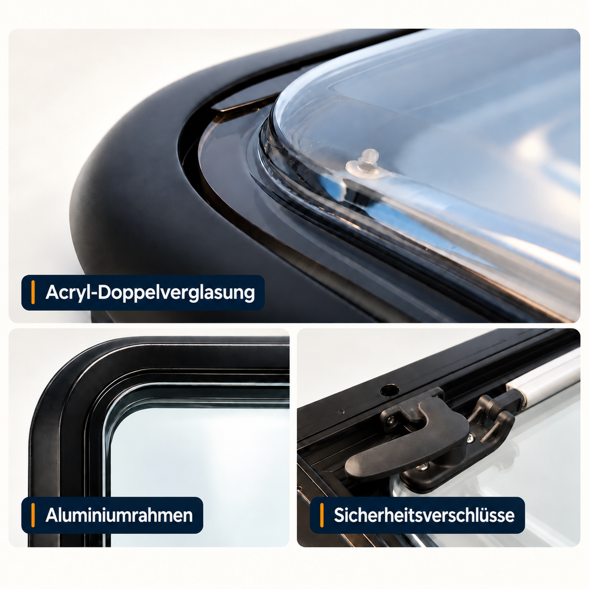 VanLight details: acrylic double glazing, aluminium frame and secure latches
