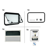 VanLight push window pack content: window, aluminium counter-frame with screws, interior frame with blackout blind and mosquito net, installation guide