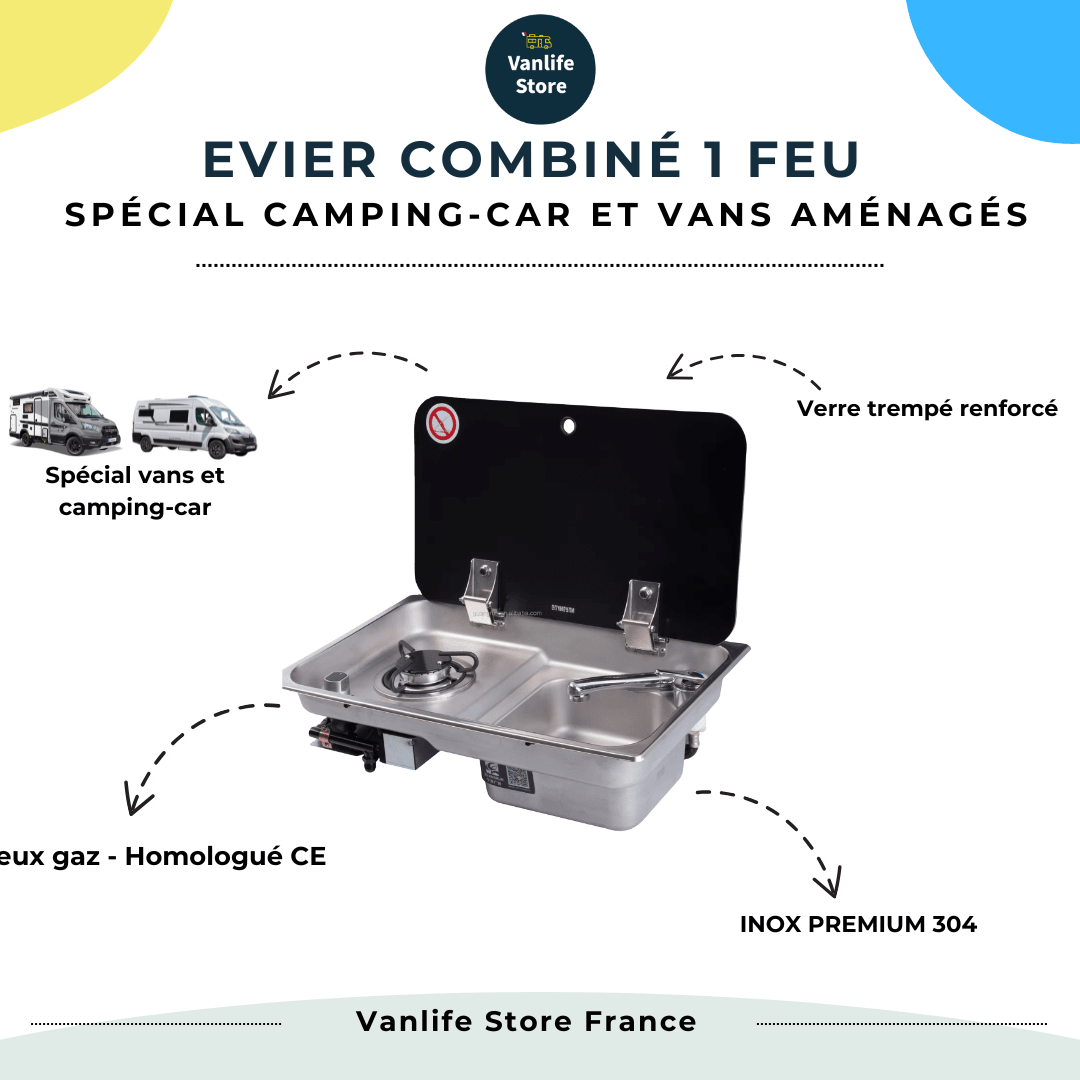 Evier combiné 1 feu gaz - Inox / Verre trempé (Avec ou Sans Robinet) - Vanlife - Store