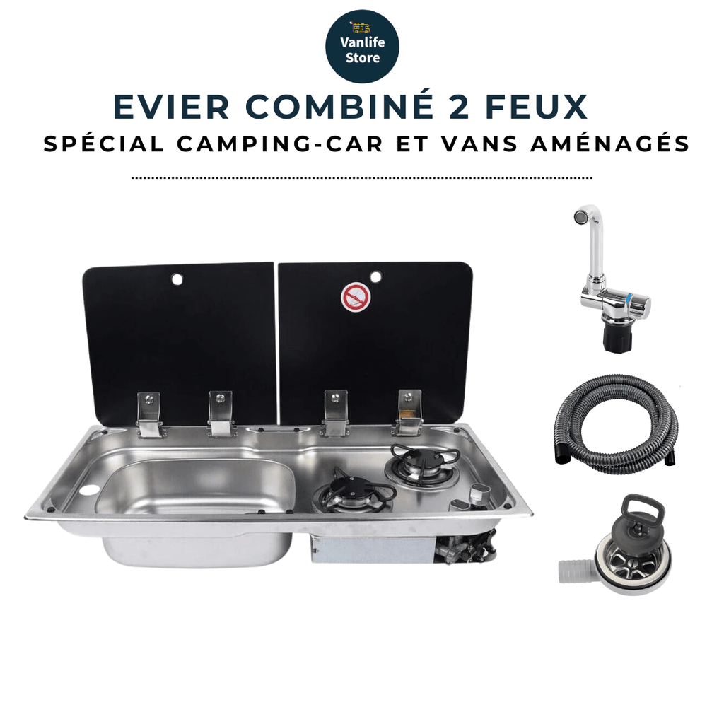 Evier combiné 2 feux gaz - Inox / Verre trempé (Evier à droite ou à gauche) - Vanlife - Store