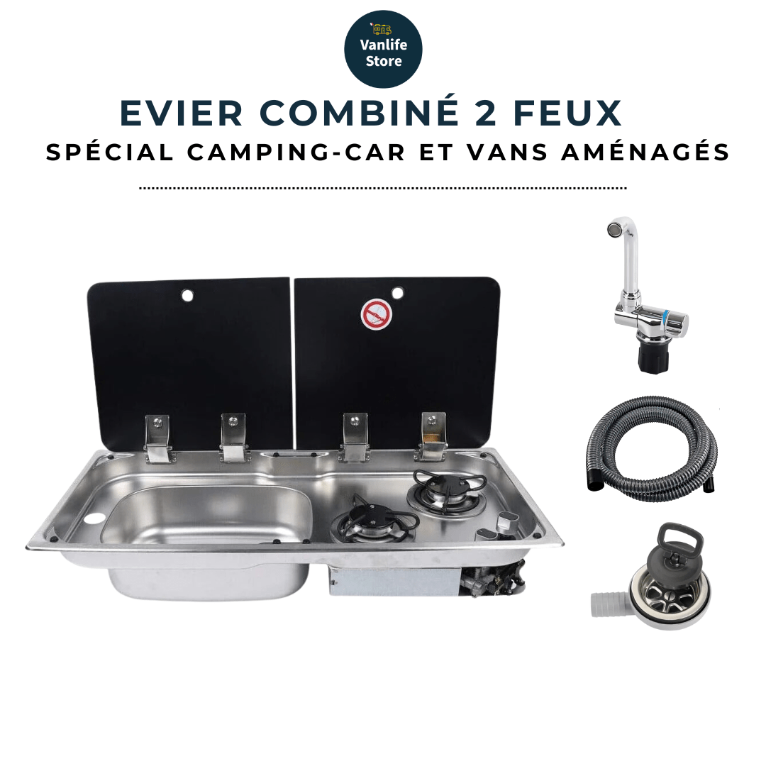 Evier combiné 2 feux gaz - Inox / Verre trempé (Evier à droite ou à gauche) - Vanlife - Store