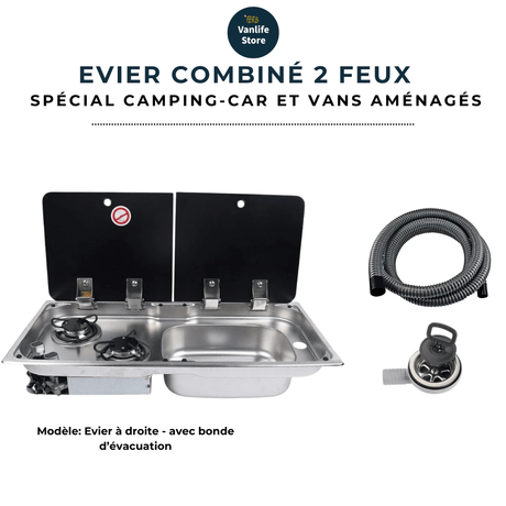 Evier combiné 2 feux gaz - Inox / Verre trempé (Evier à droite ou à gauche) - Vanlife - Store