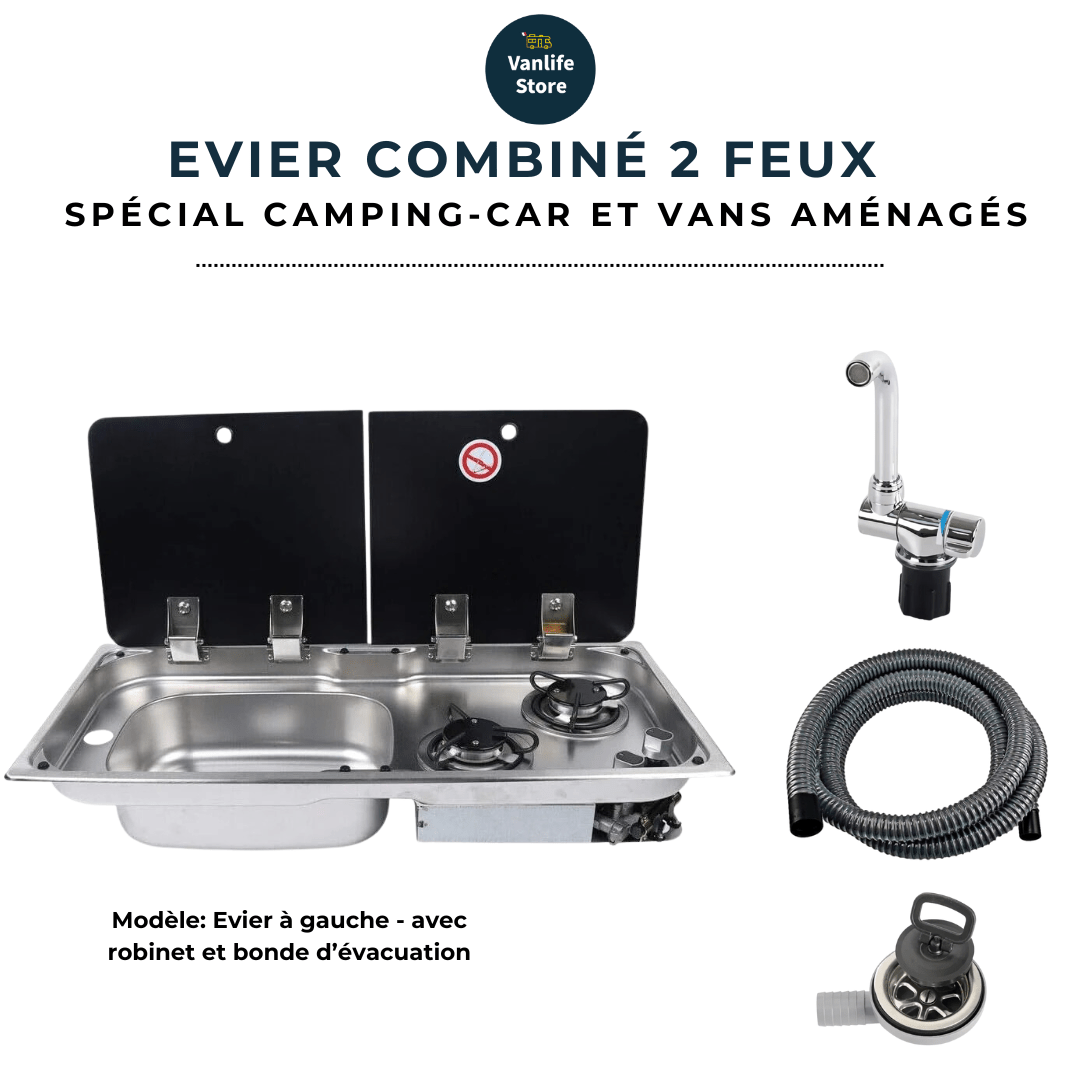 Evier combiné 2 feux gaz - Inox / Verre trempé (Evier à droite ou à gauche) - Vanlife - Store