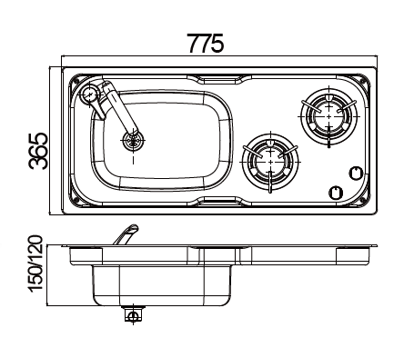 Evier combiné 2 feux gaz - Inox / Verre trempé (Evier à droite ou à gauche) - Vanlife - Store