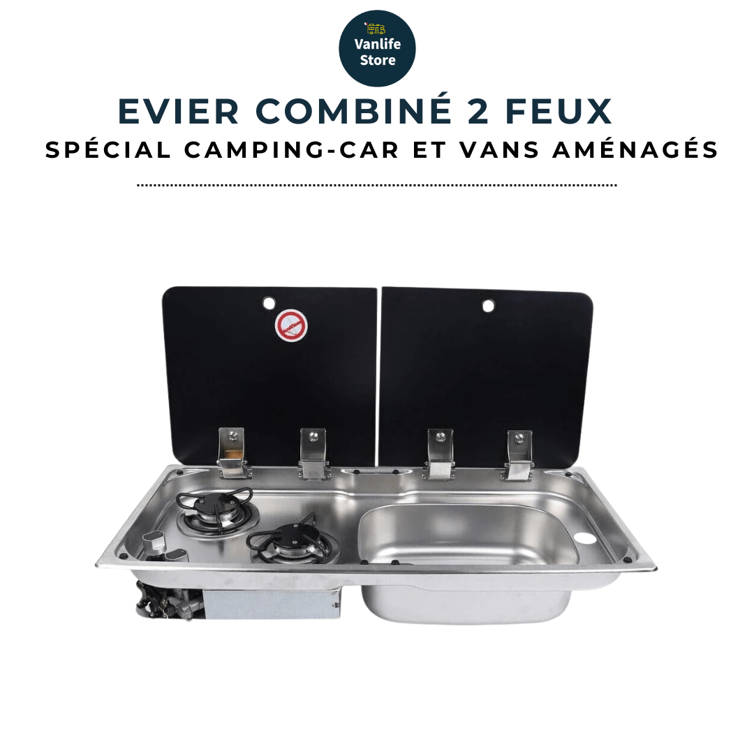 Evier combiné 2 feux gaz - Inox / Verre trempé (Evier à droite ou à gauche) - Vanlife - Store