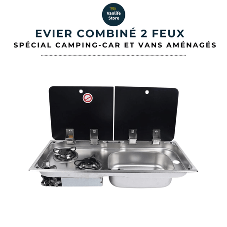 Evier combiné 2 feux gaz - Inox / Verre trempé (Evier à droite ou à gauche) - Vanlife - Store