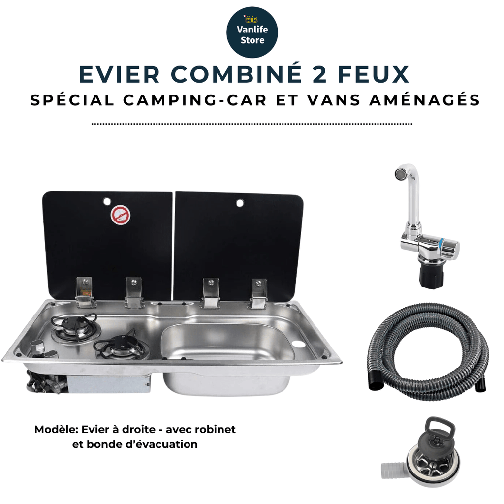Evier combiné 2 feux gaz - Inox / Verre trempé (Evier à droite ou à gauche) - Vanlife - Store