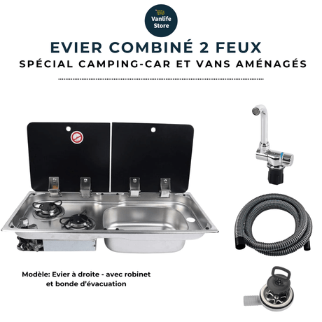 Evier combiné 2 feux gaz - Inox / Verre trempé (Evier à droite ou à gauche) - Vanlife - Store