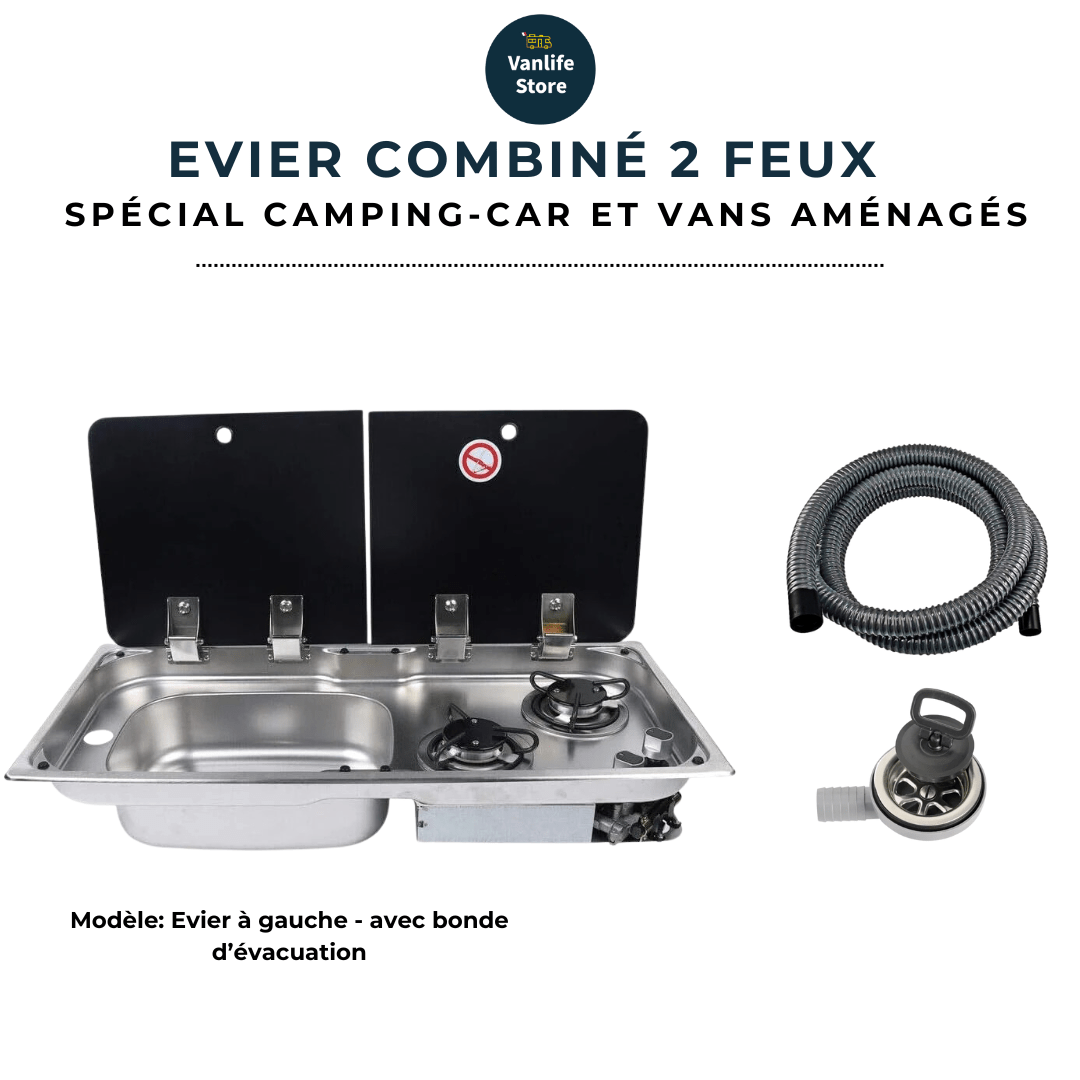 Evier combiné 2 feux gaz - Inox / Verre trempé (Evier à droite ou à gauche) - Vanlife - Store