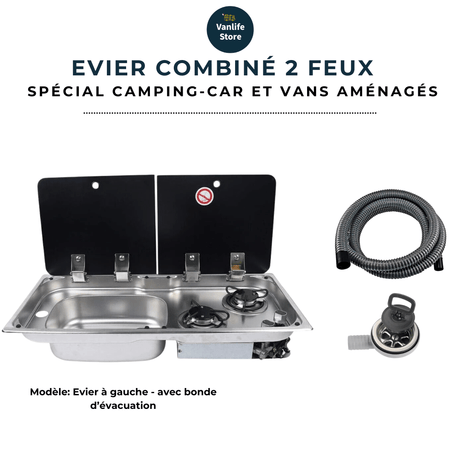 Evier combiné 2 feux gaz - Inox / Verre trempé (Evier à droite ou à gauche) - Vanlife - Store