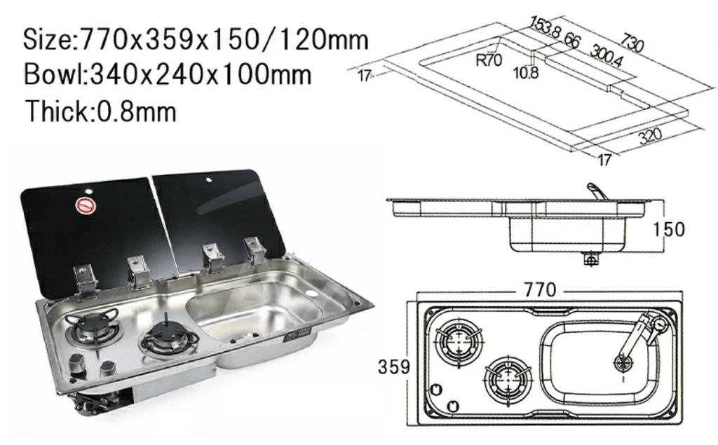 Evier combiné 2 feux gaz - Inox / Verre trempé (Evier à droite ou à gauche) - Vanlife - Store