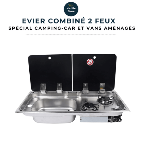 Evier combiné 2 feux gaz - Inox / Verre trempé (Evier à droite ou à gauche) - Vanlife - Store