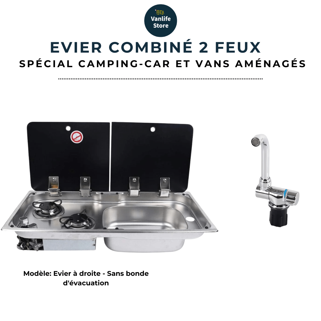 Evier combiné 2 feux gaz - Inox / Verre trempé (Evier à droite ou à gauche) - Vanlife - Store
