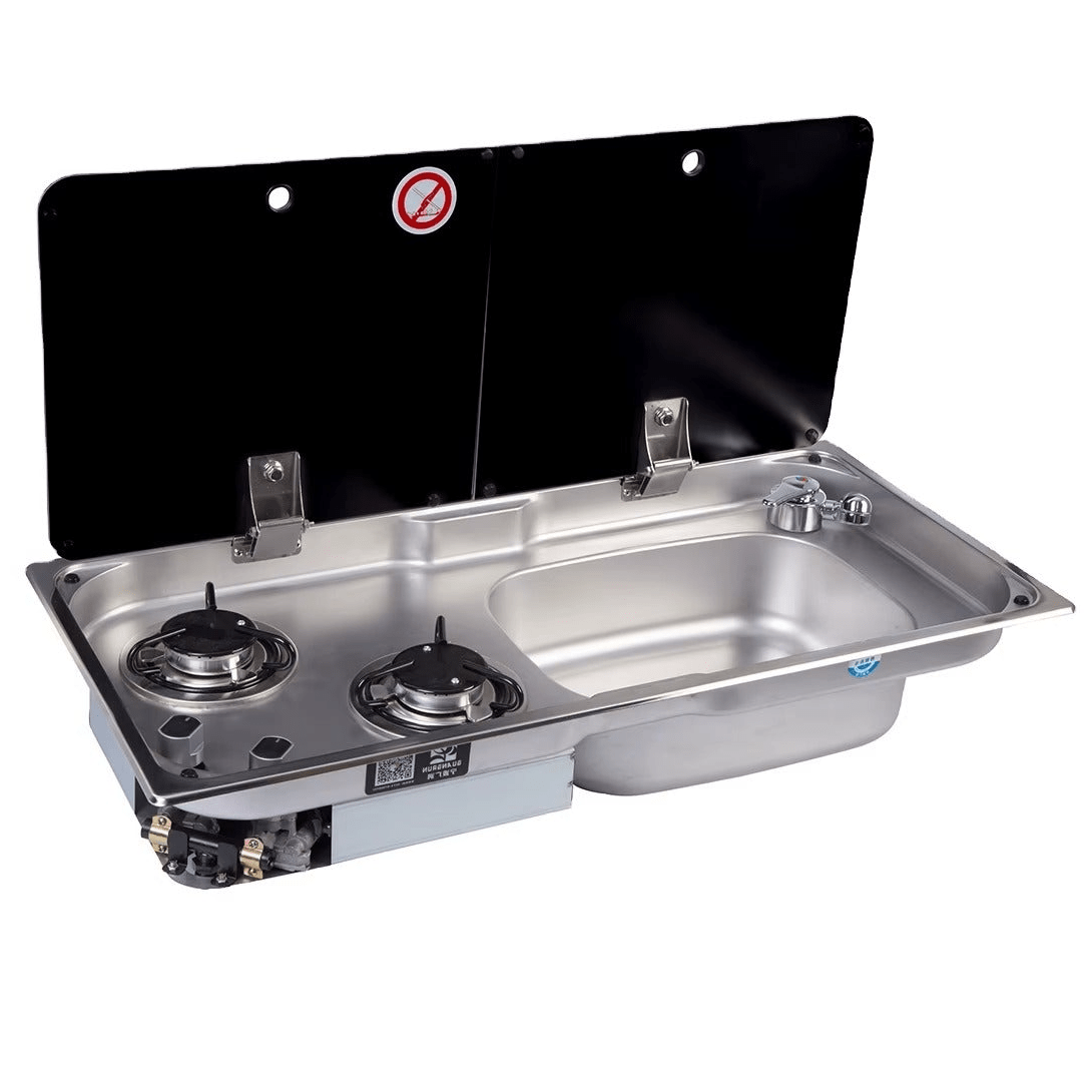 77 × 36 cm stainless steel sink and 2 gas burners unit, sink on the right, glass covers open