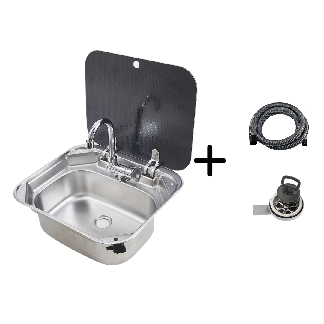 Evier inox couvercle verre trempé - 40 x 35cm - spécial Camping - car et van aménagé - Avec robinet - Vanlife - Store