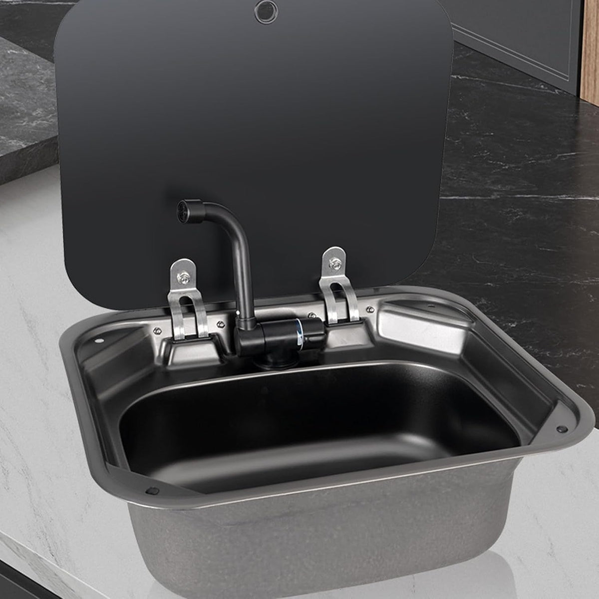 Black 40 × 35 cm stainless steel sink with tap, glass cover open