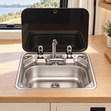 40 × 35 cm stainless steel sink installed in a campervan — illustration