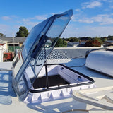 PANORAMA LED 50 x 70 GREY skylight fitted on a motorhome roof, open