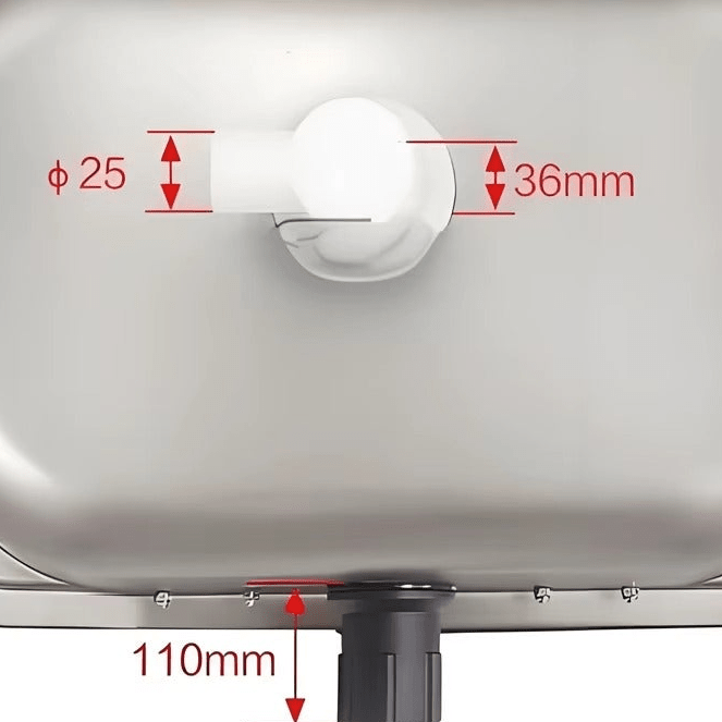 Sink and gas burner pack with folding tap and 12 V pump: drain Ø 25 mm, 110 mm under the basin