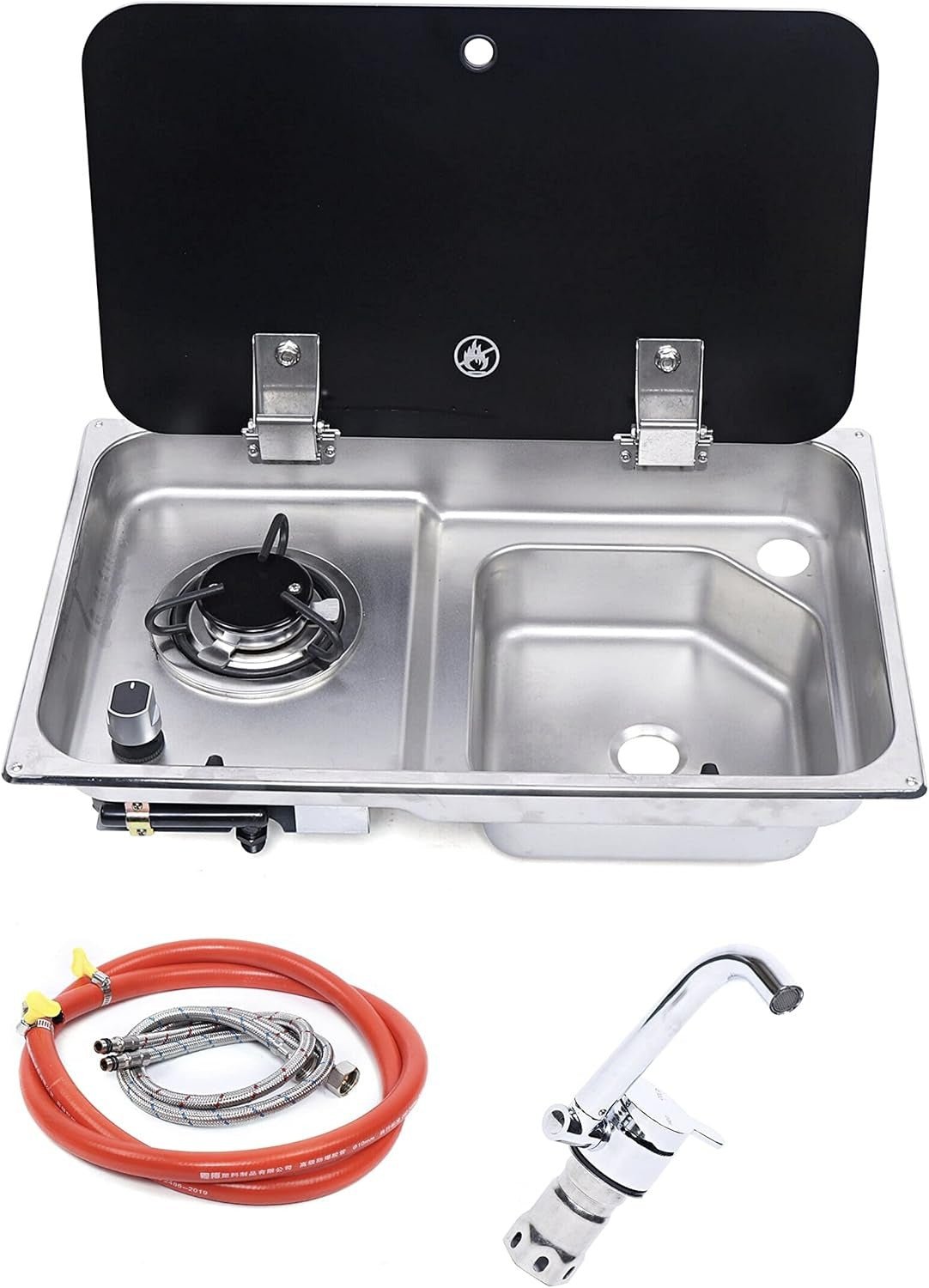 Sink and gas burner pack with folding tap and 12 V pump: sink unit, gas hose, water hoses and tap