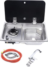 53 × 32 cm stainless steel sink and single gas burner unit with gas hose, water hoses and folding tap
