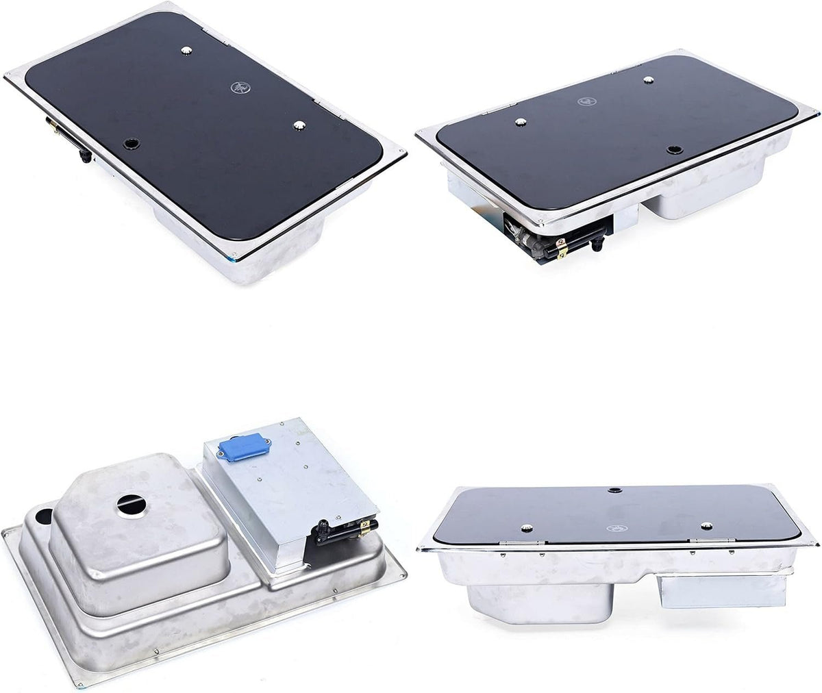 Sink and gas burner pack with folding tap and 12 V pump: views from above and underneath