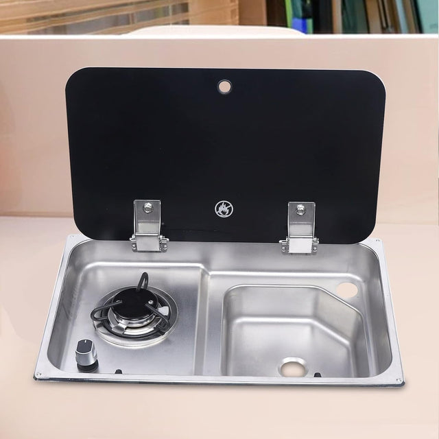 53 × 32 cm stainless steel sink and single gas burner unit, glass cover open