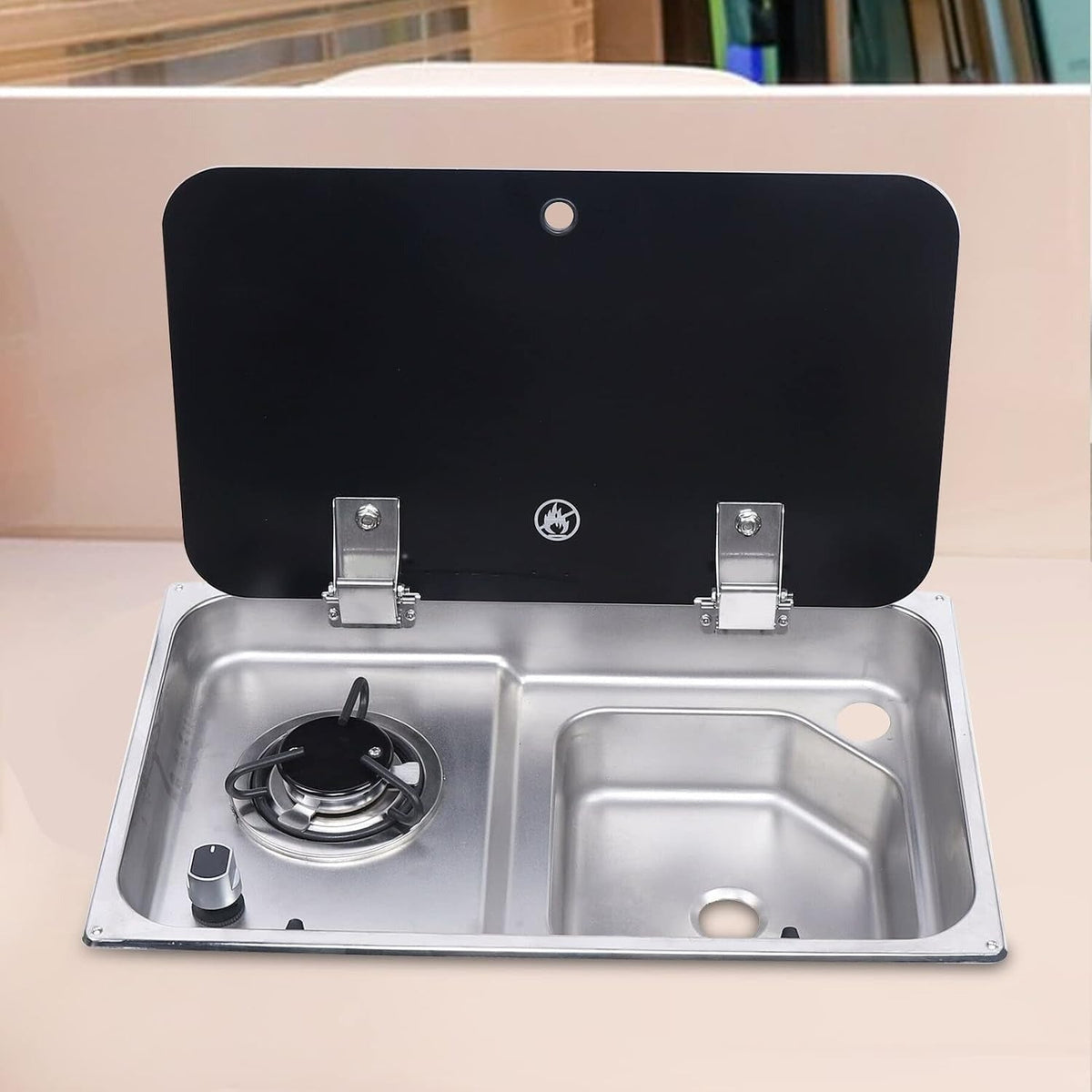 Sink and gas burner pack with folding tap and 12 V pump: sink unit with glass cover open