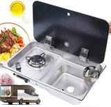 Sink and gas burner pack with folding tap and 12 V pump: sink unit in a campervan kitchen