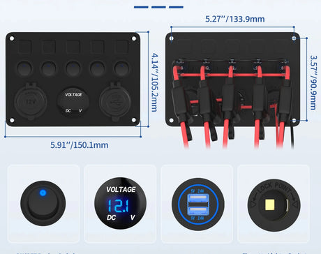 5-voudig schakelpaneel met USB-poorten en voltmeter