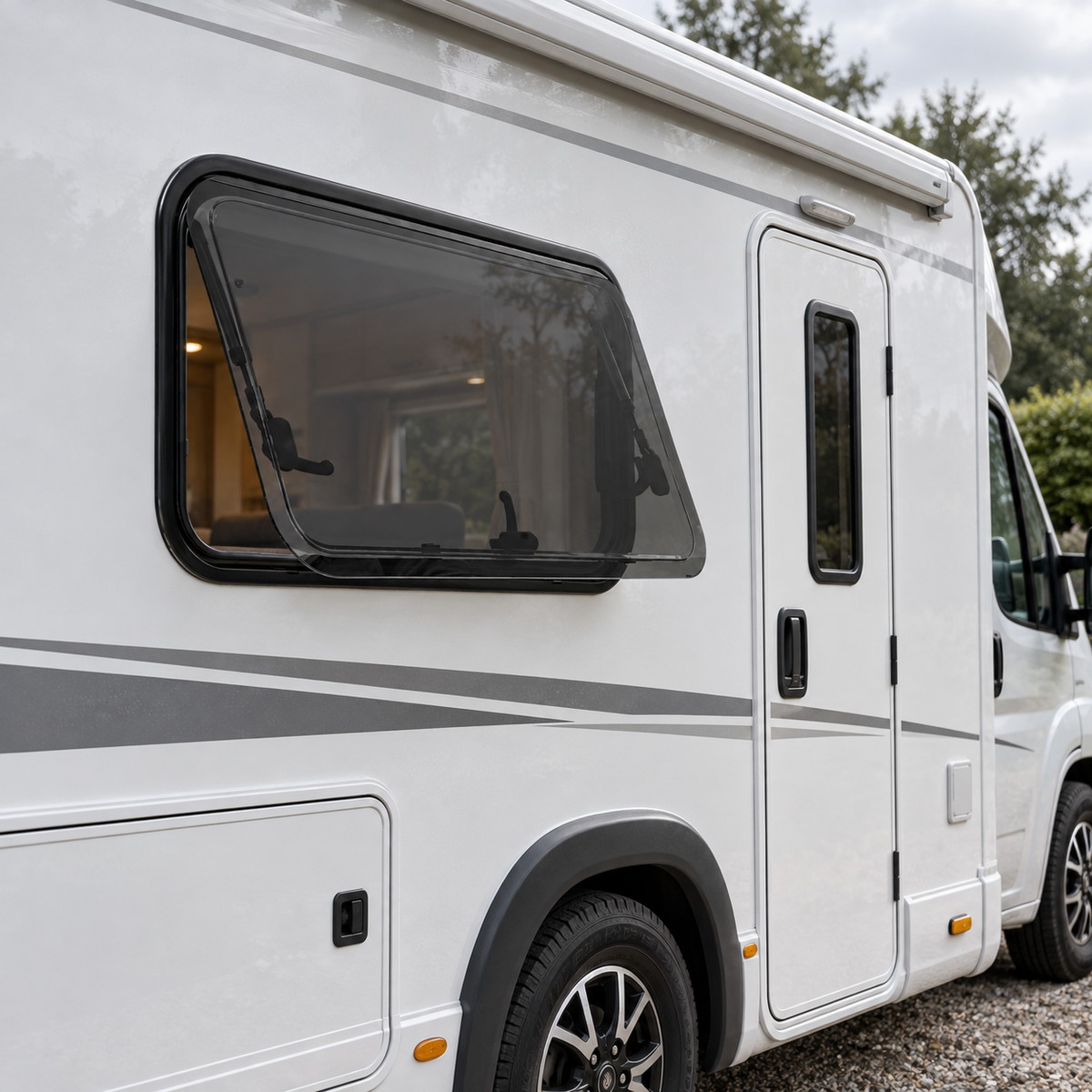 VanShade window installed on a flat motorhome wall — illustration