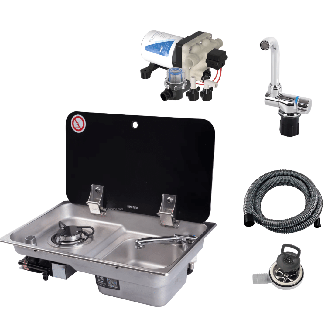 Stainless steel sink pack with 1 gas burner folding tap and 12V water pump for campervan