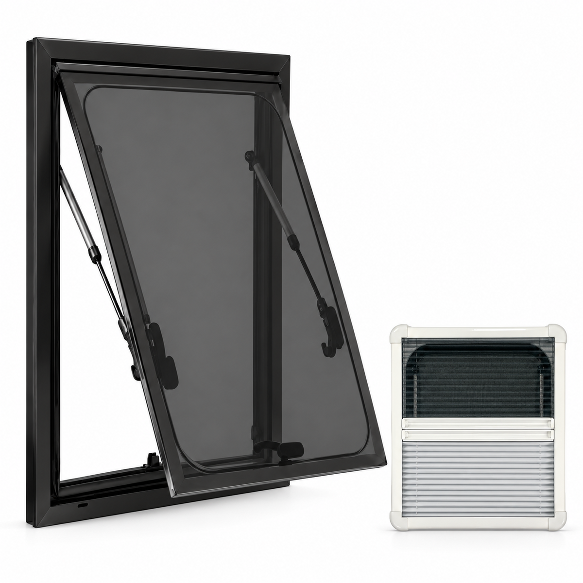 VanSquare vertical open window with interior blackout blind and mosquito net
