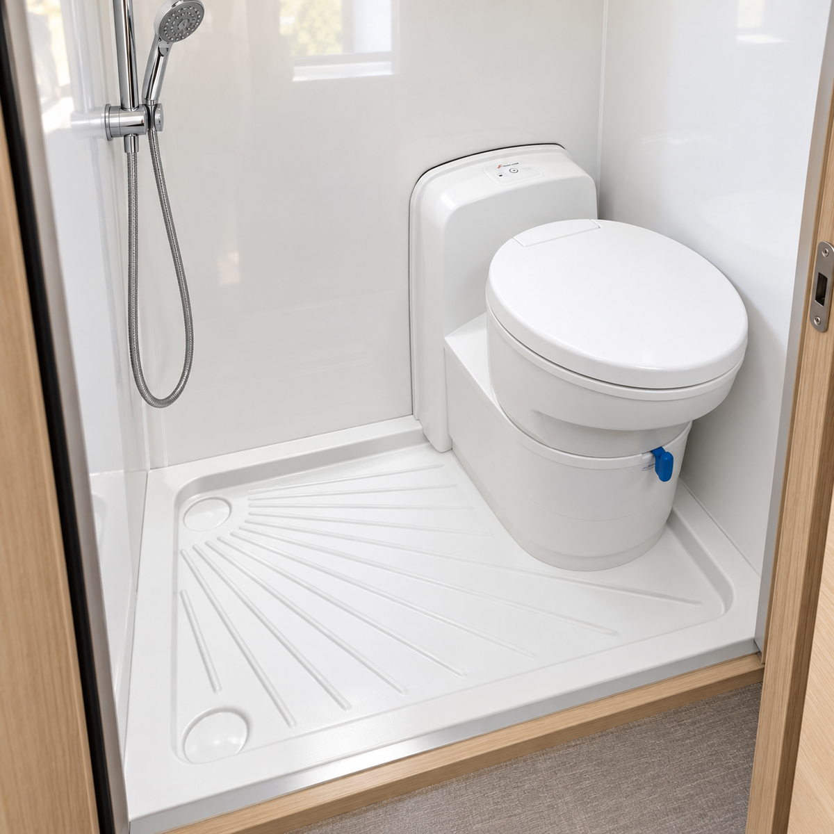 W5000 with shower tray — illustrative campervan installation, toilet on the right