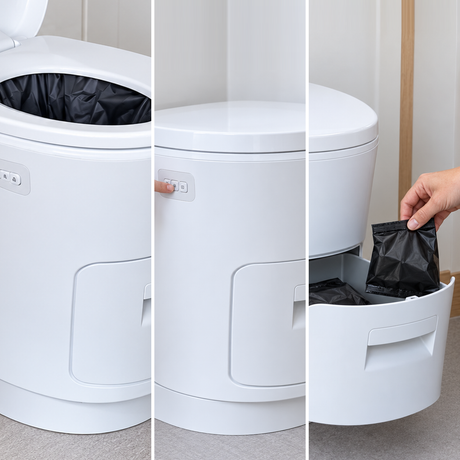 Sealed bag toilet: liner ready, sealing cycle, removal of sealed bag — illustration